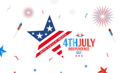 4th of July. Happy Independence day celebration with confetti and rocket and fireworks vector holiday lettering calligraphy