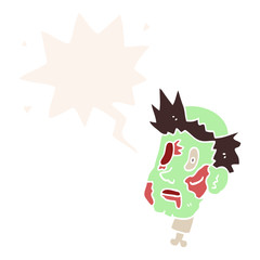 cartoon zombie head and speech bubble in retro style