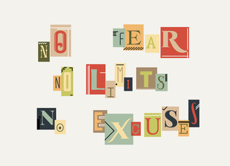 Typography poster with hand drawn elements. No fear no limits no excuses. Inspirational quote in pop art style. Concept design for t-shirt, tattoo, print, poster, card. Vector illustration