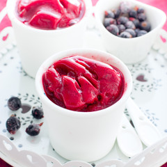 Blackcurrant sorbet in white cups, selective focus