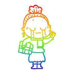 rainbow gradient line drawing cartoon crying old lady