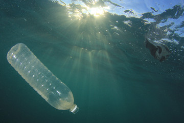 Plastic bags, bottles, straws and cups pollution of ocean 