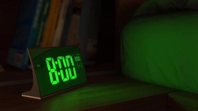 Digital alarm clock in a bedroom waking up at 8 AM. Close-up view. The numbers on the clock screen changes from 7:59 to 8:00 AM. Then alarm logo appears on the screen. 3D rendering animation.
