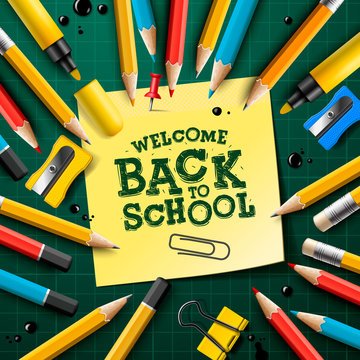Back to school design with pencils and sticky notes. Vector illustration with post it, red pin, supplies and hand lettering for greeting card, banner, flyer, invitation.