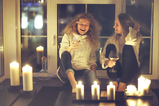 Bachelorette Party, Two Girls Girlfriends Drinking Wine And Relaxing At Home