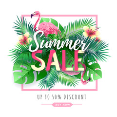 Summer big sale typography poster with flamingo and tropic leaves. Nature concept