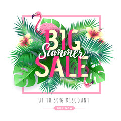 Summer big sale typography poster with flamingo and tropic leaves. Nature concept