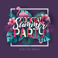Summer cocktail party typography poster with flamingo and tropic leaves