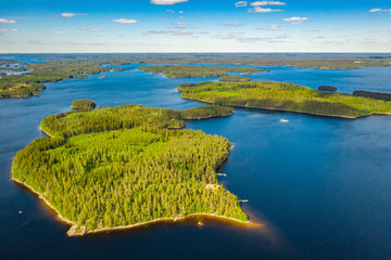 Aerial landscape of  islands, lakes and forest in Imatra city. Lammassalmi lake. Finland 