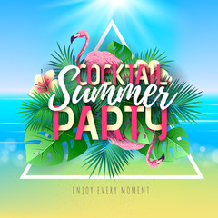 Summer cocktail party typography poster with flamingo and tropic leaves