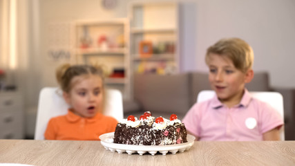 Surprised children looking at chocolate cake, birthday party, sweet tooth