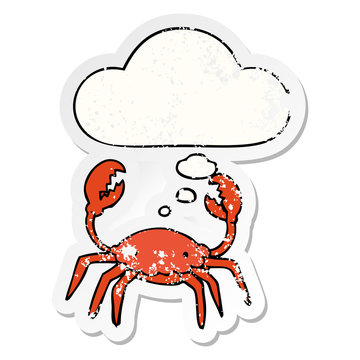 cartoon crab and thought bubble as a distressed worn sticker