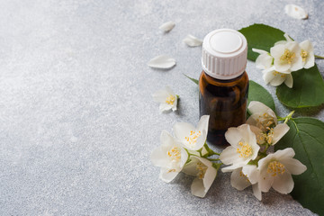 Oil of jasmine. Aromatherapy with jasmine oil. Jasmine flowers. Gray concrete background with copy space.