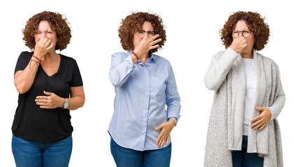 Collage of middle age senior woman over white isolated background smelling something stinky and...