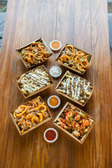 French fries poutine different flavours with dip sauces