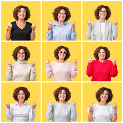 Fototapeta na wymiar Collage of middle age senior woman over yellow isolated background celebrating surprised and amazed for success with arms raised and open eyes. Winner concept.