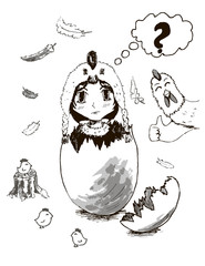 Vector anime  character in egg shell with hens and feathers. Cartoon character in a hat in the form of chicken.  Cute white and black illustration for children.  Easter time