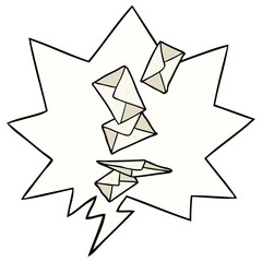 cartoon envelopes falling and speech bubble