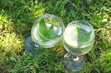 Glasses with refreshing water, lemon and mint on green grass.