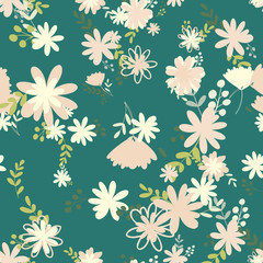 Retro pattern of bouquets of simple, clear, ordinary flowers in Victorian colors