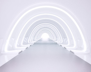 White interior with long corridor in modern space 3D Render,3d abstract tunnel