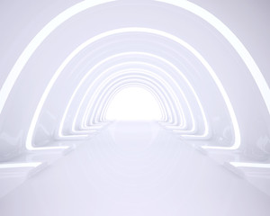 White interior with long corridor in modern space 3D Render,3d abstract tunnel