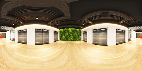 Perspective of corridor walkway and access way to elevator,Interior design,panorama of walkway,Full spherical panorama view of walkway (3D Rendering) © wirat