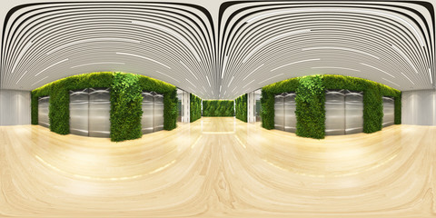 Perspective of corridor walkway and access way to elevator,Interior design,panorama of walkway,Full 360 spherical panorama view of walkway (3D Rendering)