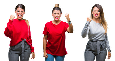 Obraz premium Collage of young beautiful woman over isolated background angry and mad raising fist frustrated and furious while shouting with anger. Rage and aggressive concept.
