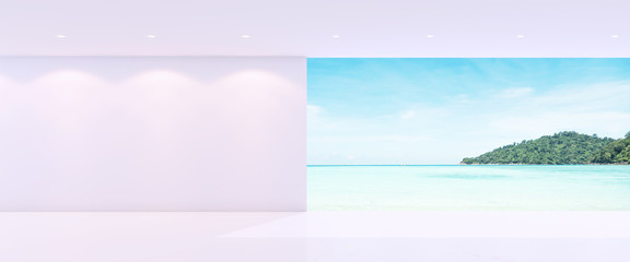 Fototapeta na wymiar 3d rendering white interior with sea view background,minimal interior with seascape view,sea view