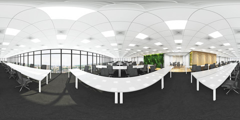 Workplaces in a modern panoramic office,Panorama of office (3D Rendering)