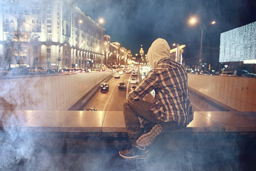 man night city lights, urban lonely guy concept, stress, road, car city lights in the background