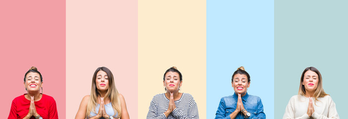 Fototapeta premium Collage of young beautiful woman over colorful vintage stripes isolated background begging and praying with hands together with hope expression on face very emotional and worried. 