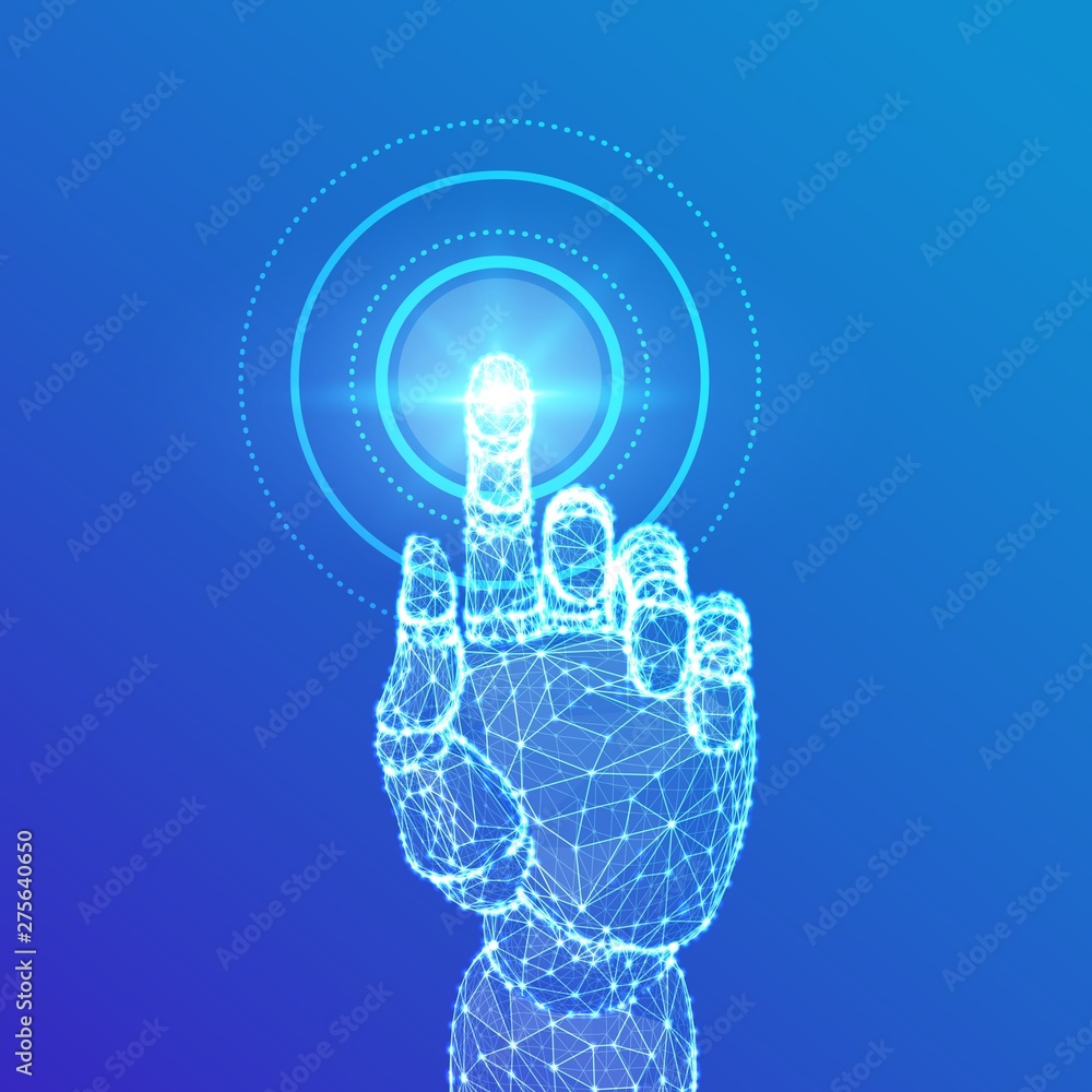 Poster robotic hand touching digital interface. virtual reality. touch the future low poly wireframe. conce