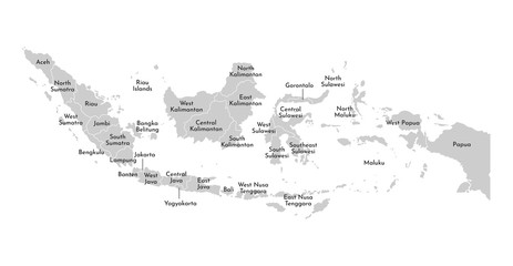 Vector isolated illustration of simplified administrative map of Indonesia. Borders and names of the provinces (regions). Grey silhouettes. White outline