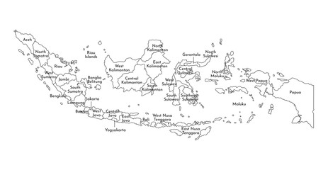 Vector isolated illustration of simplified administrative map of Indonesia. Borders and names of the regions. Black line silhouettes