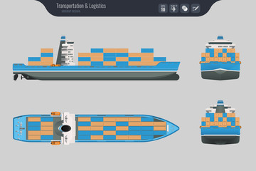 Cargo ship on a grey background. Top, side and front view. Container transport in flat style. Vector illustration