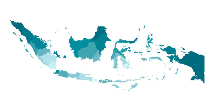 Vector isolated illustration of simplified administrative map of Indonesia. Borders of the regions. Colorful blue khaki silhouettes