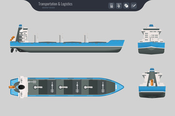 Cargo ship on a grey background. Top, side and front view. Container transport in flat style. Vector illustration