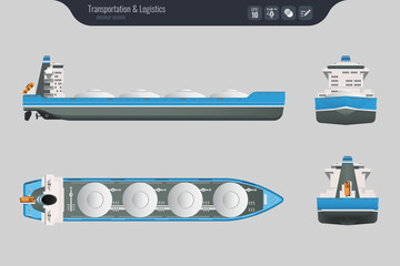 Cargo ship on a grey background. Top, side and front view. Container transport in flat style. Vector illustration