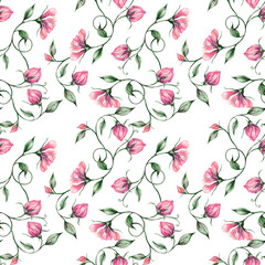 watercolor and pastel pink flowers and leaves in vintage graphic merged pattern on white seamless background, for use in design, textiles, wrapping paper, stationery, Wallpaper