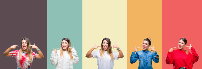 Collage of young beautiful woman over colorful vintage isolated background smiling confident showing and pointing with fingers teeth and mouth. Health concept.