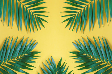 Large leaves of palm trees on an orange background.