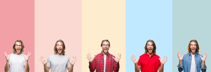 Collage of young handsome man over colorful stripes isolated background celebrating crazy and amazed for success with arms raised and open eyes screaming excited. Winner concept