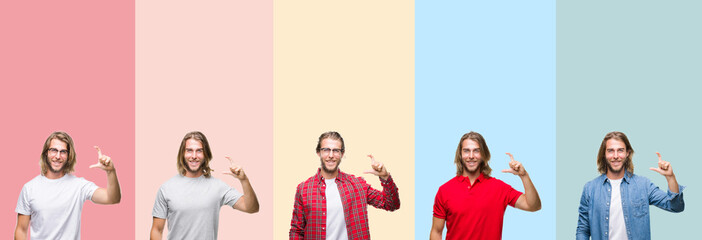 Collage of young handsome man over colorful stripes isolated background smiling and confident gesturing with hand doing size sign with fingers while looking and the camera. Measure concept.
