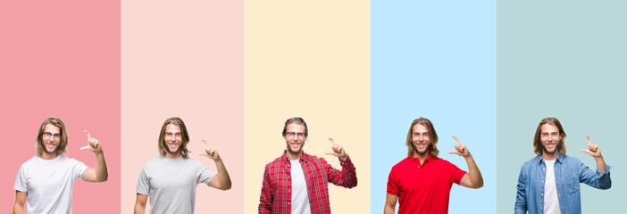 Fototapeta premium Collage of young handsome man over colorful stripes isolated background smiling and confident gesturing with hand doing size sign with fingers while looking and the camera. Measure concept.