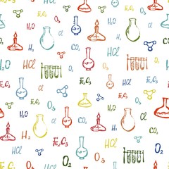 Seamless pattern with chemical, biological, scientific, education and research elements flasks, formulas,chemical elements .Great for fabrics, wallpaper,packaging.