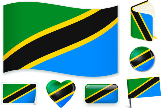 Tanzanian flag in seven shapes. Editable and separate layers.