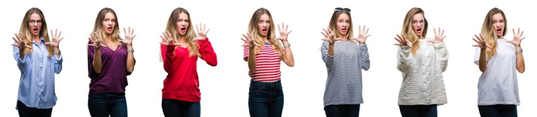 Collage of young beautiful blonde woman over isolated background afraid and terrified with fear expression stop gesture with hands, shouting in shock. Panic concept.