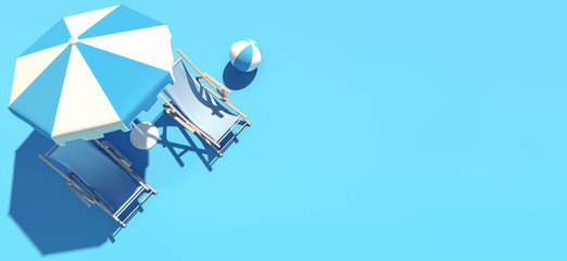 Two beach chairs and umbrella on blue background, summer concept 3D Rendering